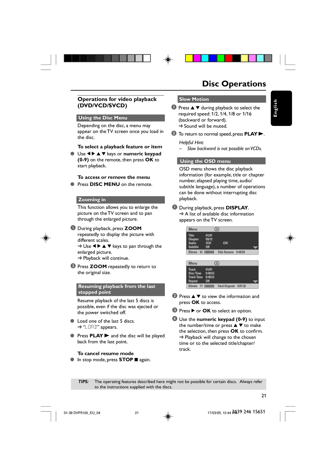 Philips DVP5100/04 user manual Operations for video playback DVD/VCD/SVCD 