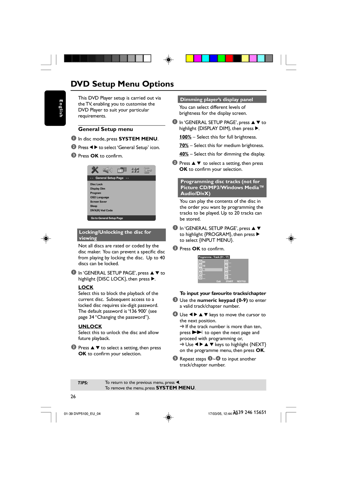 Philips DVP5100/04 user manual DVD Setup Menu Options, General Setup menu, Lock, Unlock 