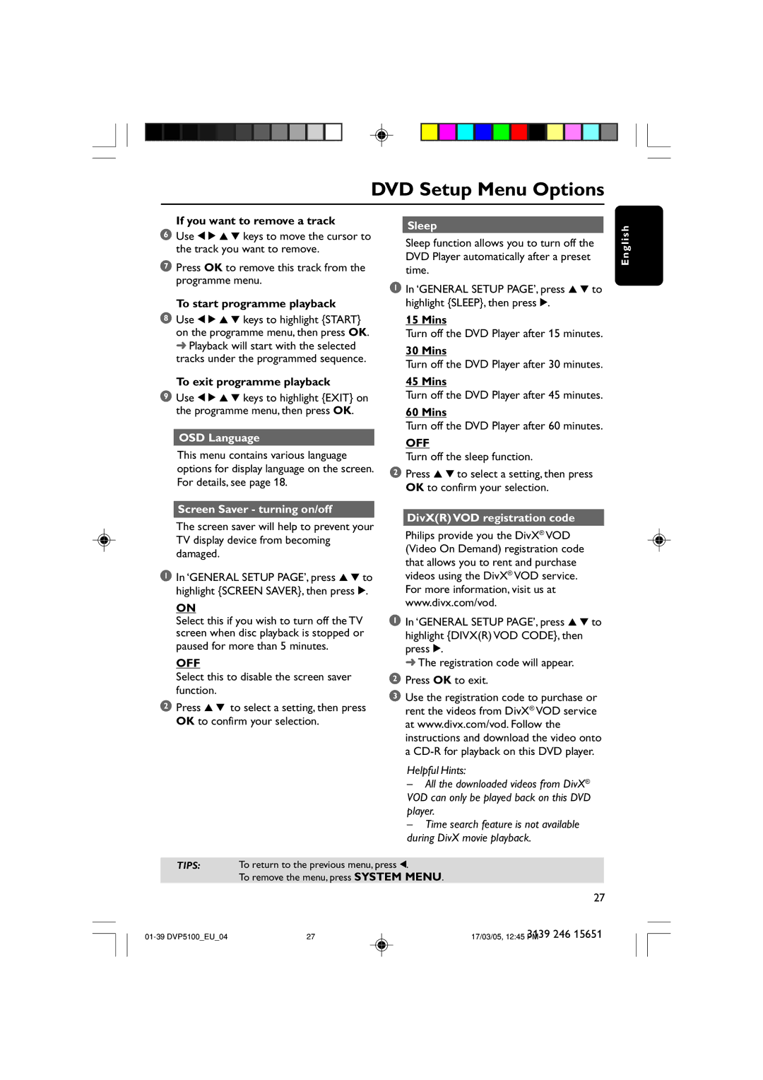 Philips DVP5100/04 user manual Sleep, Mins, Off, DivXR VOD registration code 