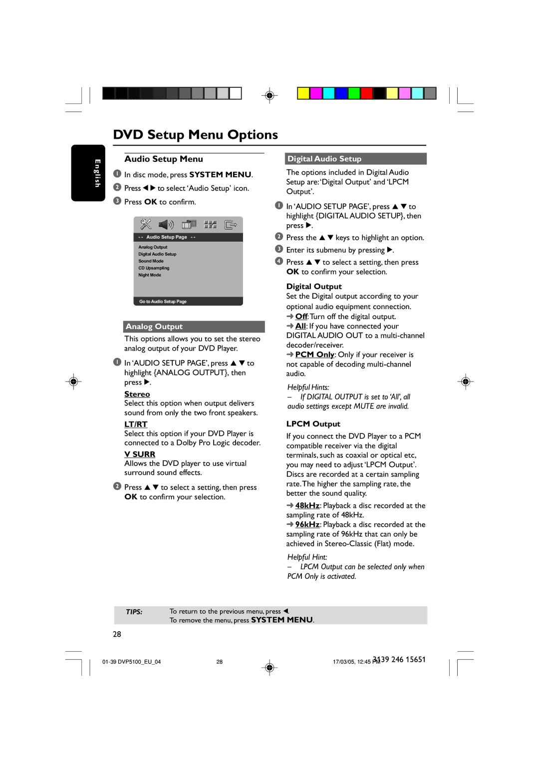 Philips DVP5100/04 user manual Audio Setup Menu, Digital Audio Setup, Digital Output, Lpcm Output 