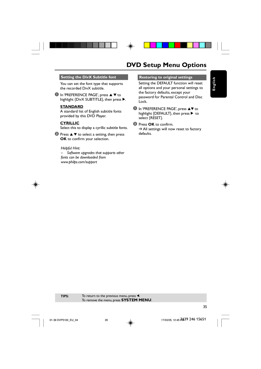 Philips DVP5100/04 user manual Standard, Cyrillic 