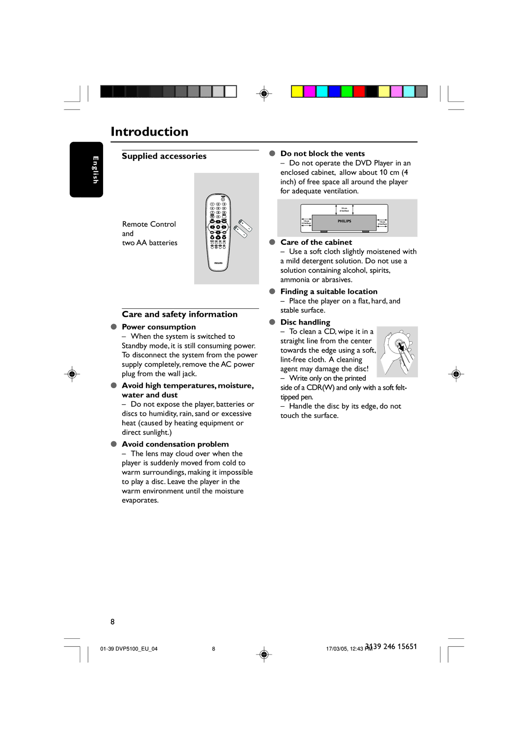 Philips DVP5100/04 user manual Introduction, Supplied accessories, Care and safety information 