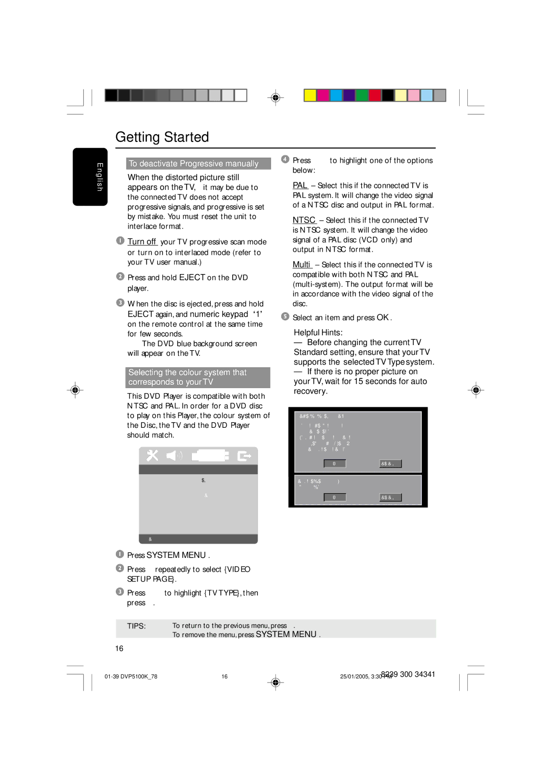 Philips DVP5100K user manual To deactivate Progressive manually, Selecting the colour system that corresponds to your TV 