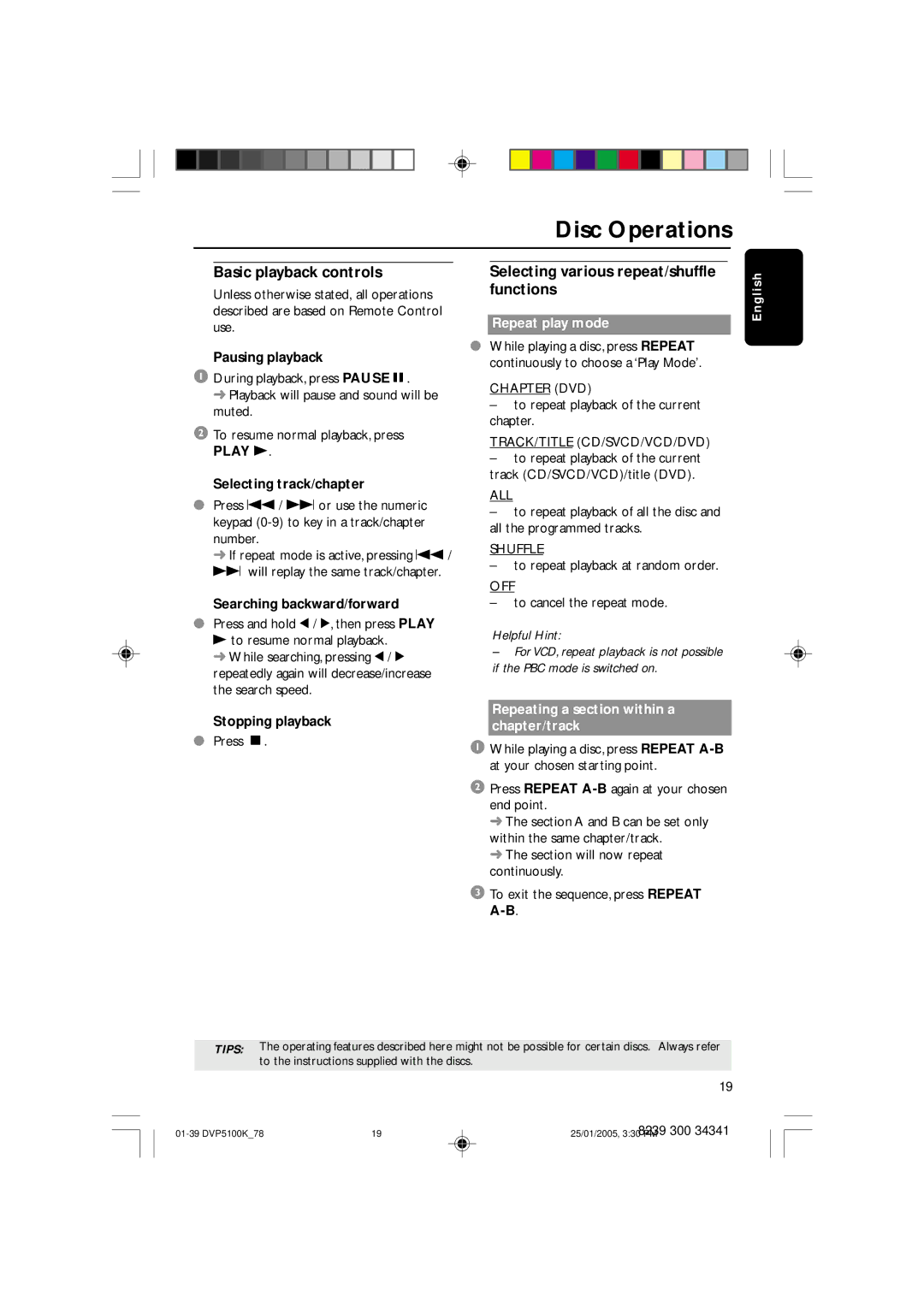 Philips DVP5100K user manual Basic playback controls, Selecting various repeat/shuffle functions, Play B, Repeat play mode 