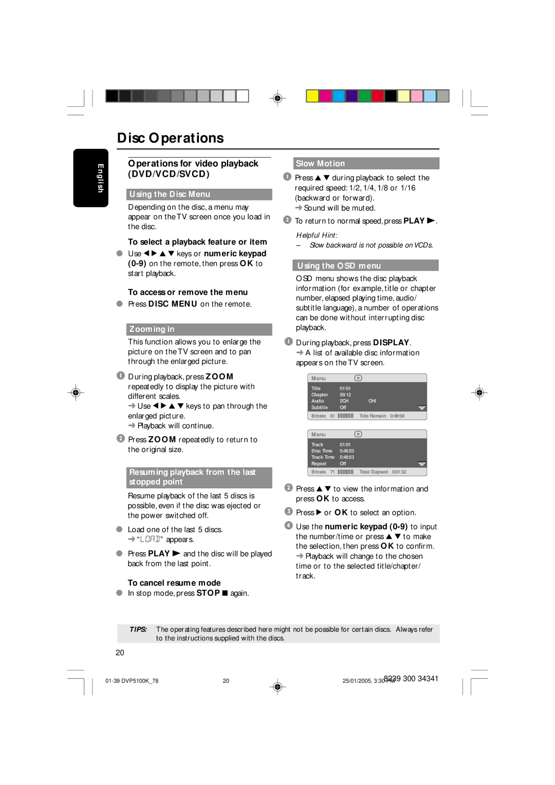 Philips DVP5100K user manual Operations for video playback DVD/VCD/SVCD 