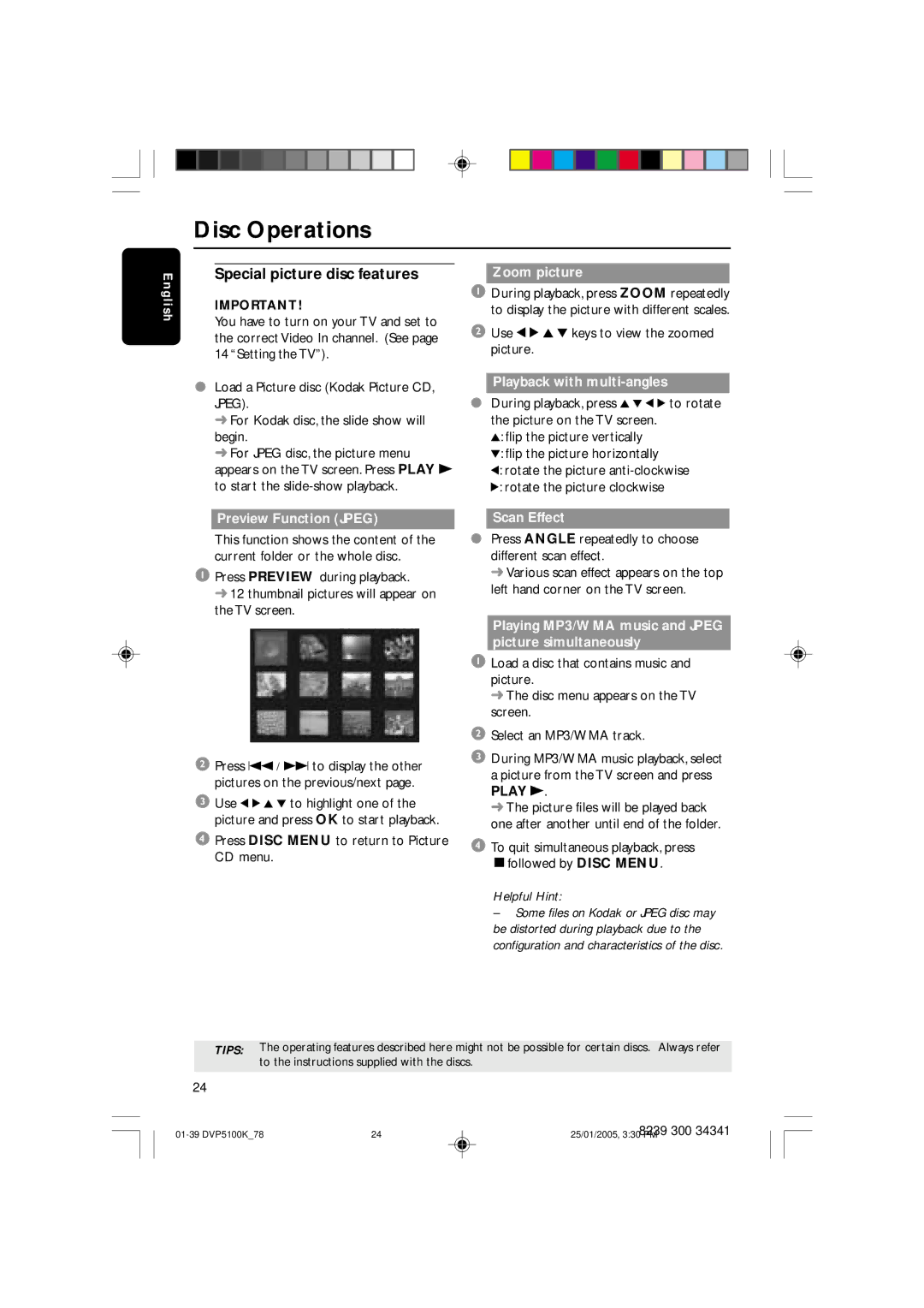 Philips DVP5100K user manual Special picture disc features, Zoom picture, Playback with multi-angles 