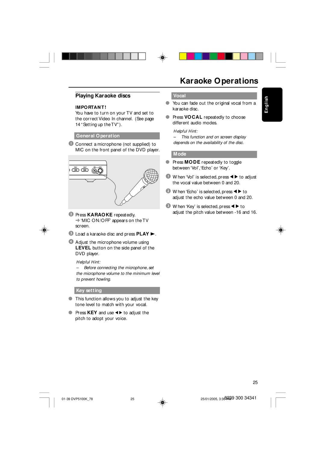 Philips DVP5100K user manual Karaoke Operations, Playing Karaoke discs, Vocal, Mode, Key setting 