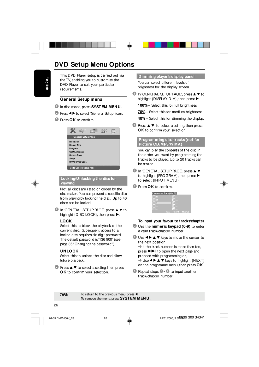 Philips DVP5100K user manual DVD Setup Menu Options, General Setup menu, Lock, Unlock 