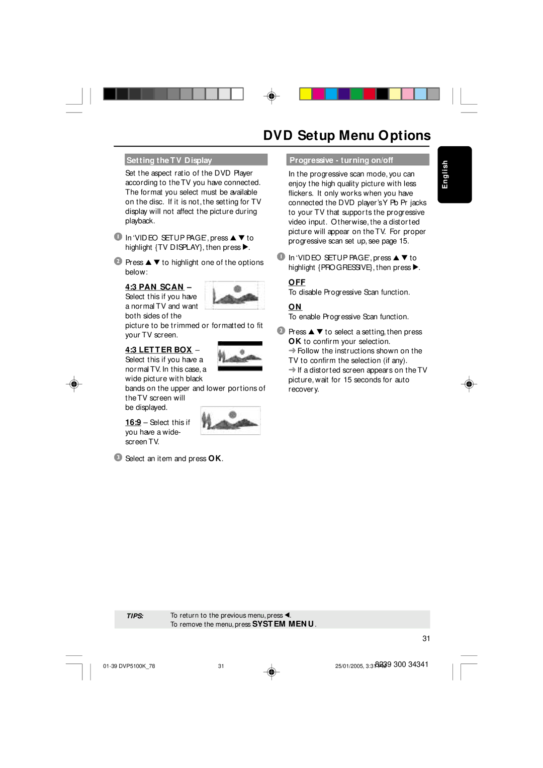 Philips DVP5100K user manual Setting the TV Display Progressive turning on/off 