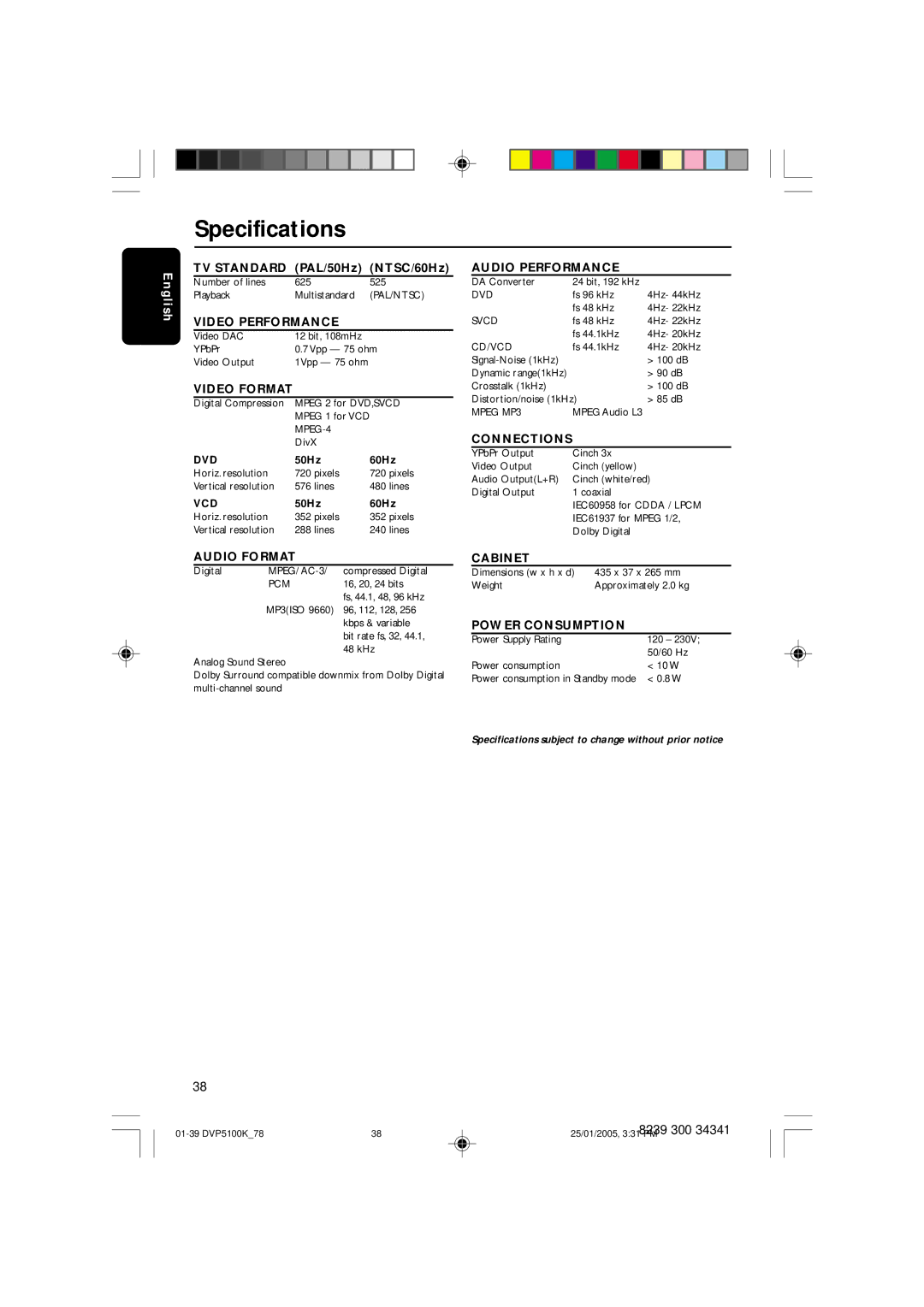 Philips DVP5100K user manual Specifications, Video Format 