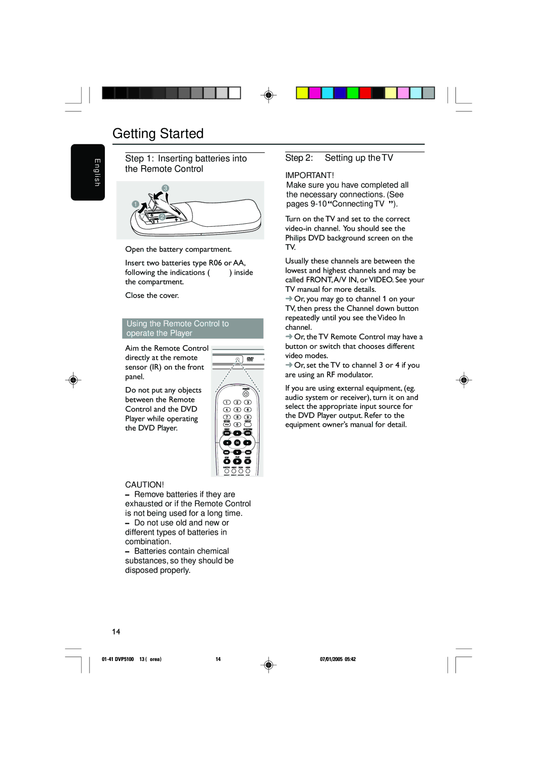 Philips DVP5100K/13 user manual Getting Started, Inserting batteries into the Remote Control, Setting up the TV 