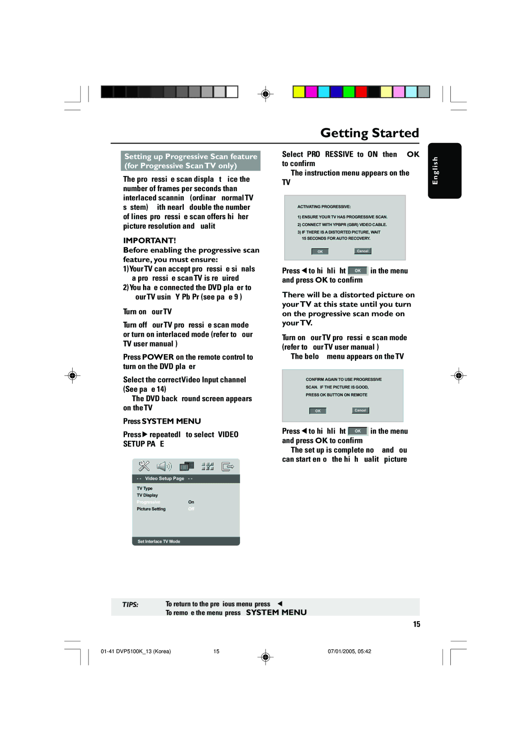 Philips DVP5100K/13 user manual For Progressive Scan TV only 