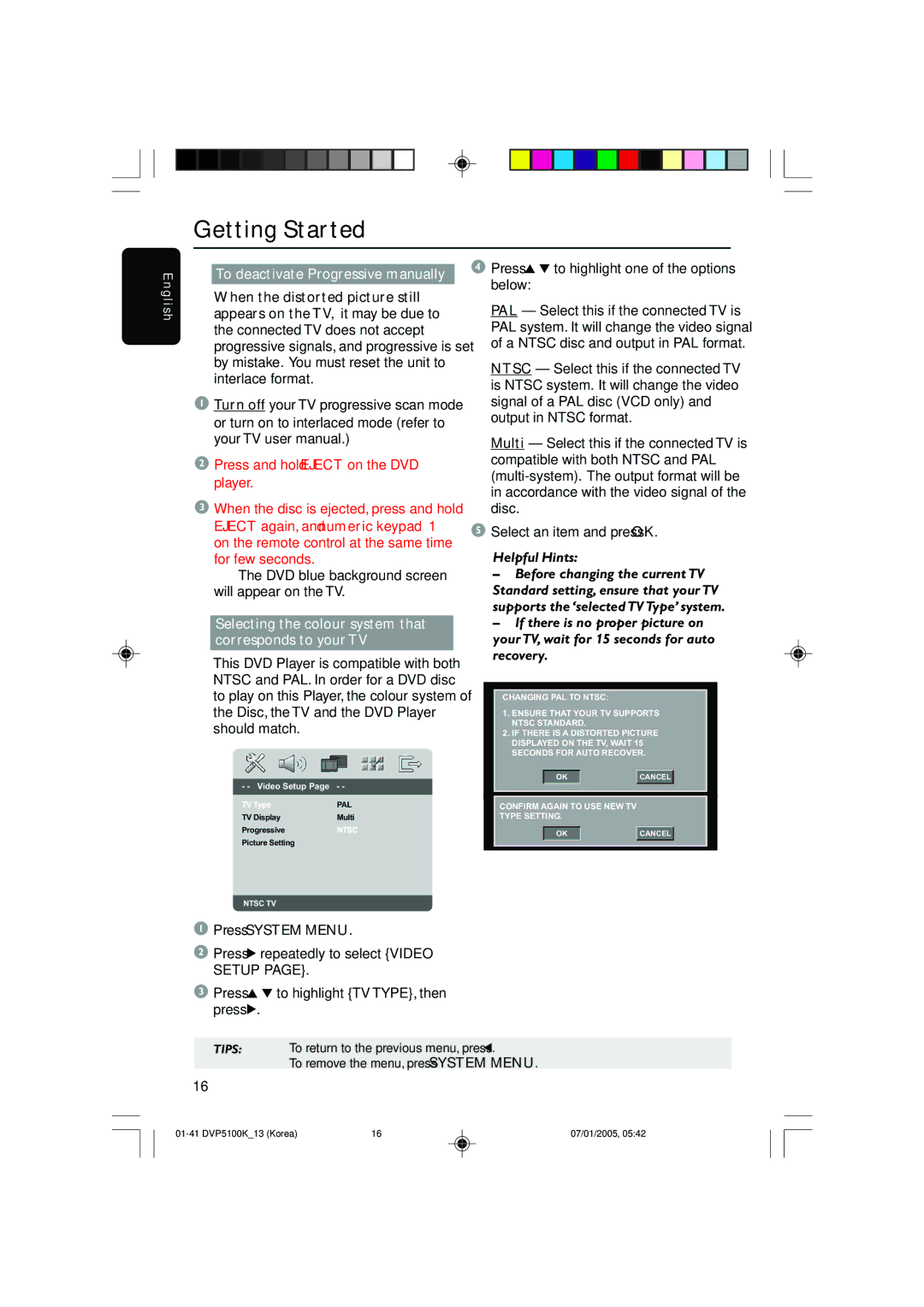 Philips DVP5100K/13 user manual To deactivate Progressive manually, DVD blue background screen will appear on the TV 