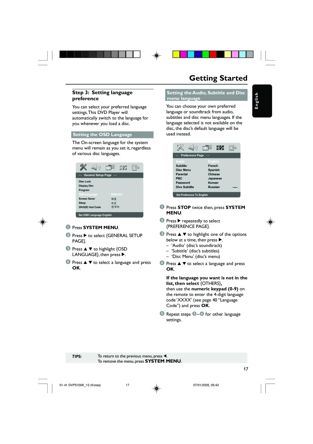 Philips DVP5100K/13 user manual Setting language preference, Setting the OSD Language 