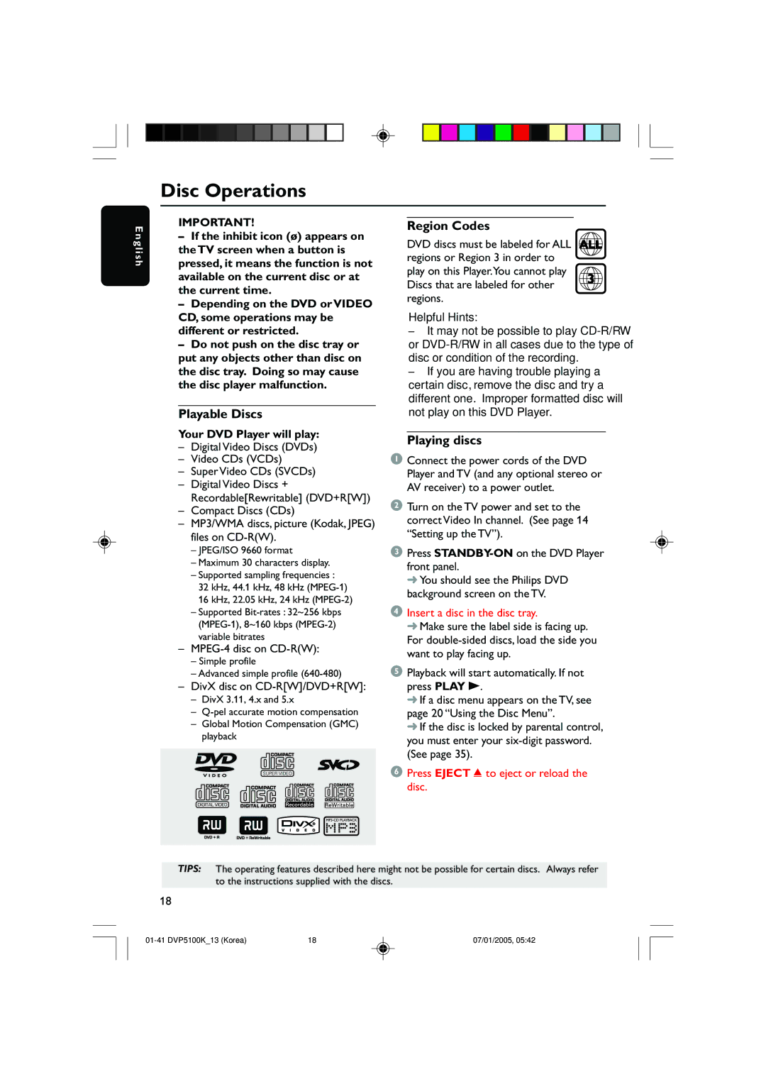 Philips DVP5100K/13 user manual Disc Operations, Playable Discs, Region Codes, Playing discs, Your DVD Player will play 