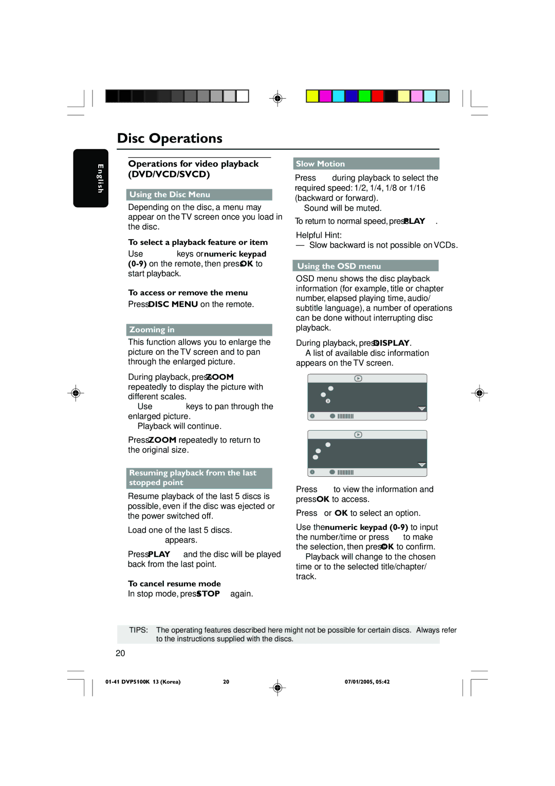 Philips DVP5100K/13 user manual Operations for video playback DVD/VCD/SVCD 