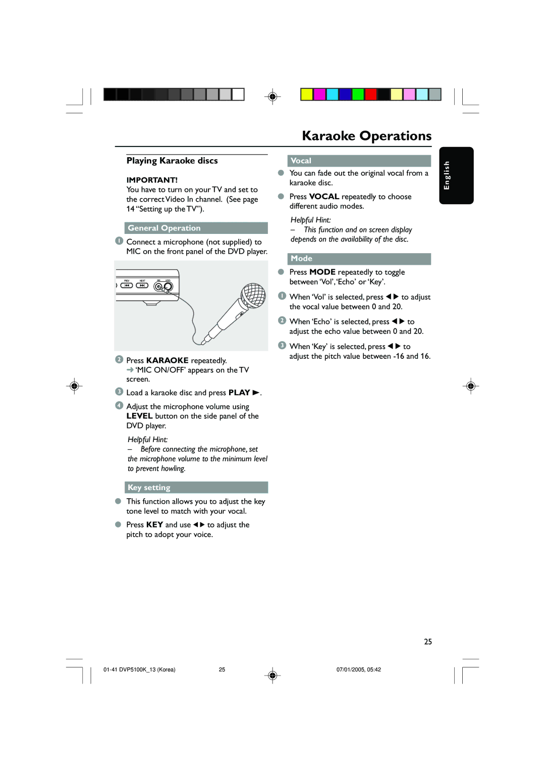 Philips DVP5100K/13 user manual Karaoke Operations, Playing Karaoke discs, Vocal, Mode, Key setting 