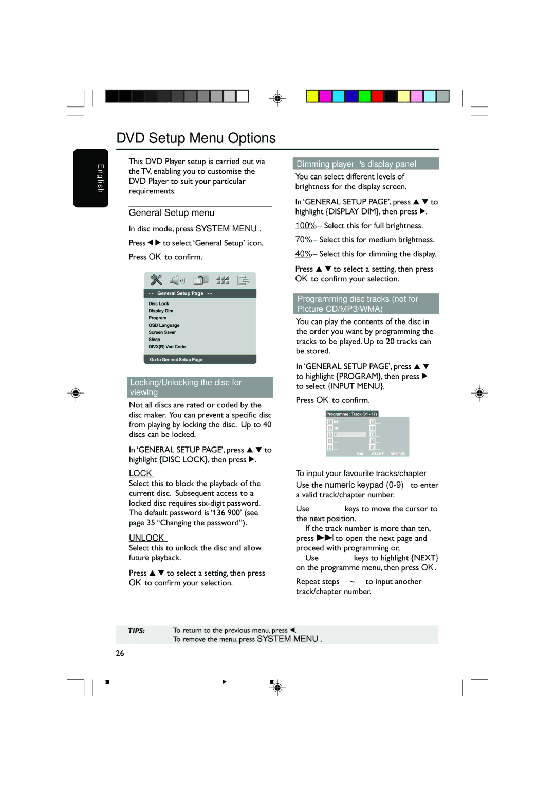 Philips DVP5100K/13 user manual DVD Setup Menu Options, General Setup menu, Lock, Unlock 