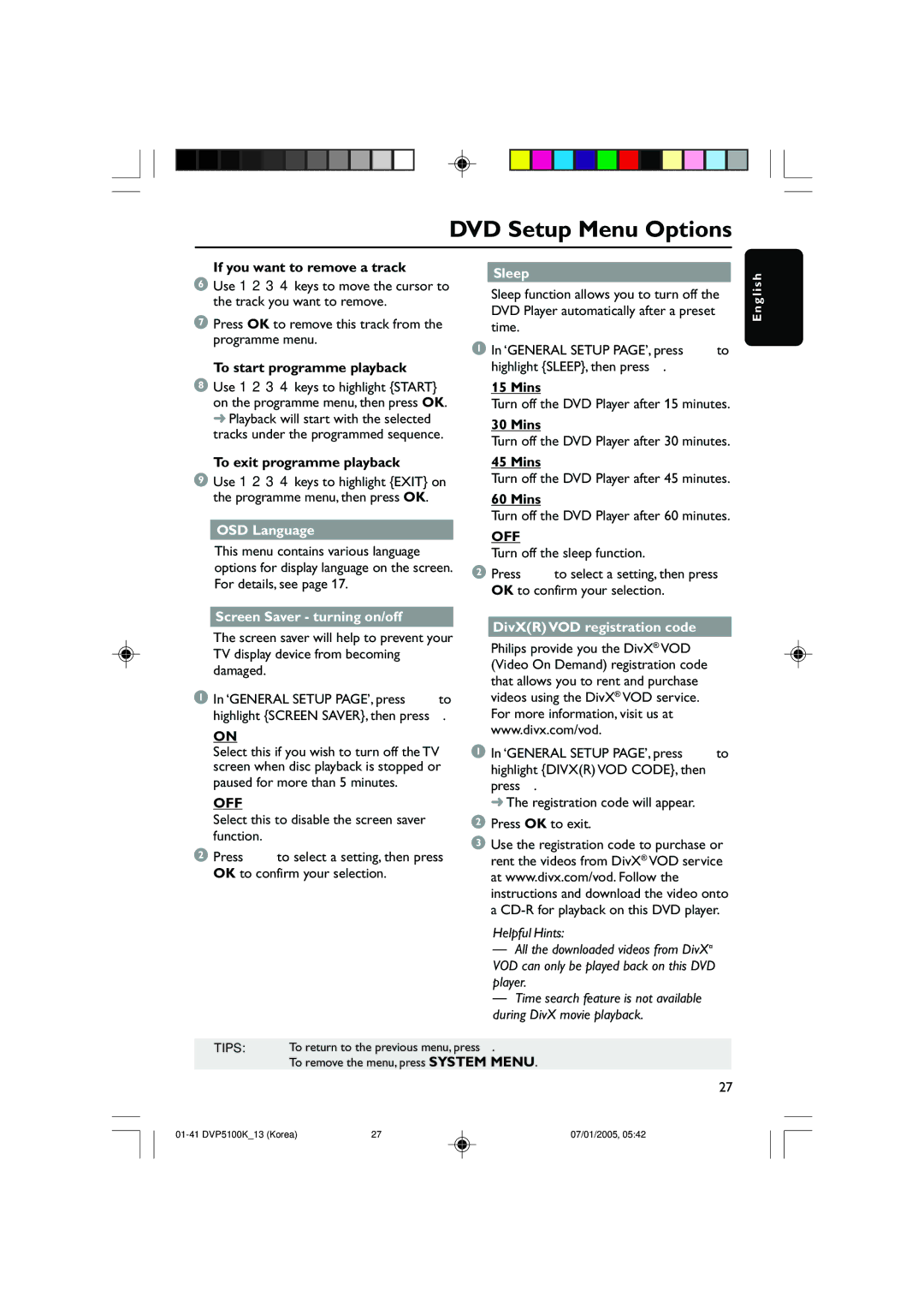 Philips DVP5100K/13 user manual Sleep, Mins, Off, DivXR VOD registration code 