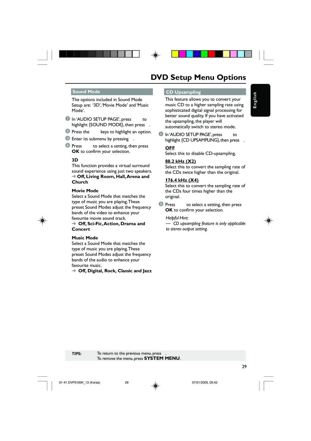 Philips DVP5100K/13 user manual Sound Mode CD Upsampling 