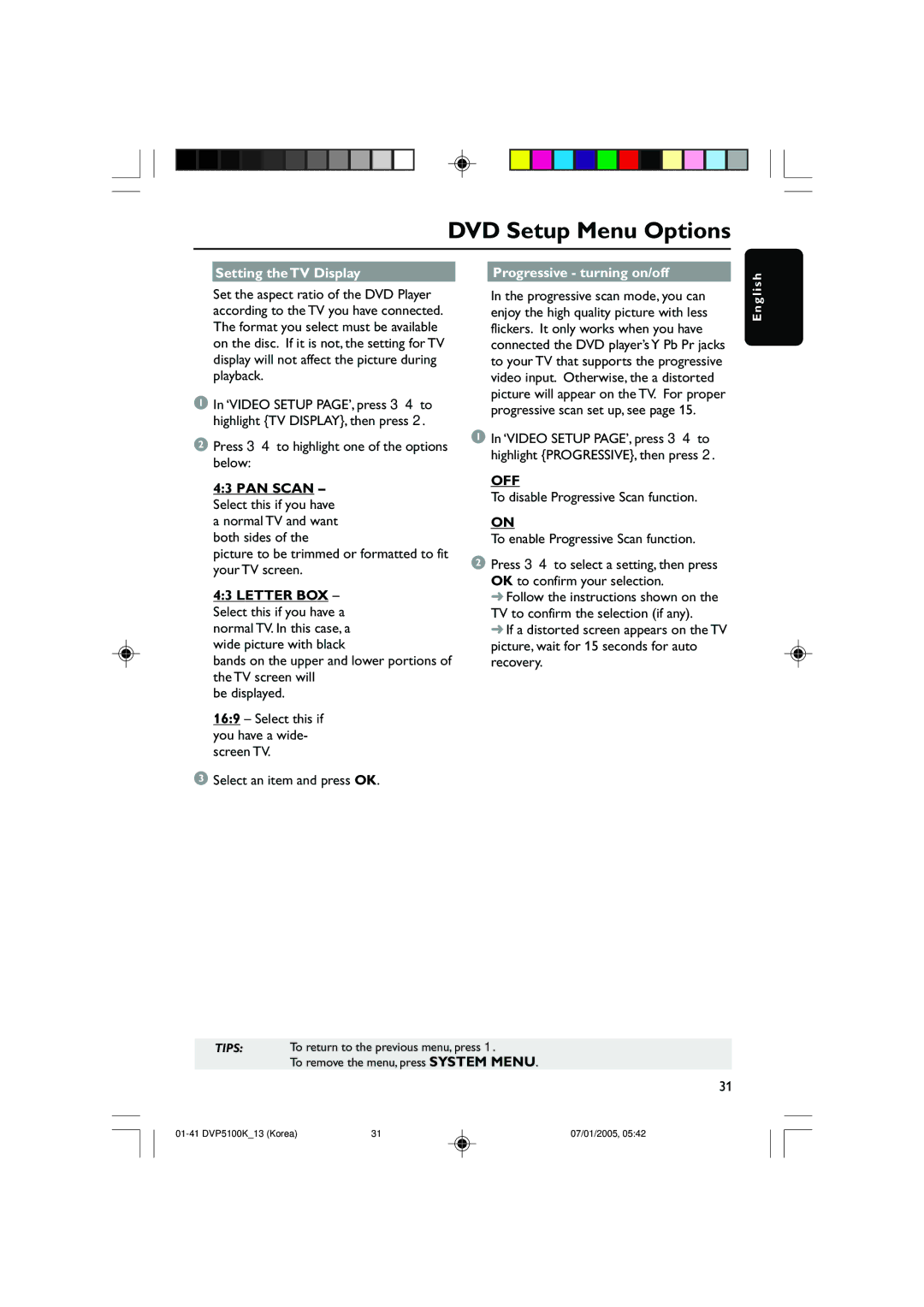 Philips DVP5100K/13 user manual Setting the TV Display Progressive turning on/off 