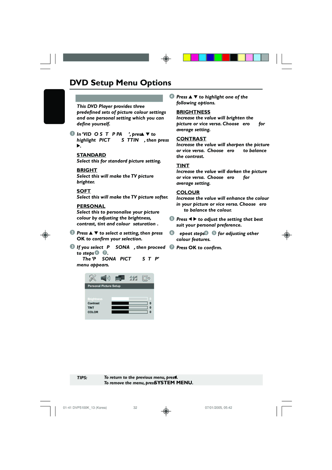 Philips DVP5100K/13 user manual Standard, Soft, Personal, Brightness, Contrast, Tint, Colour 