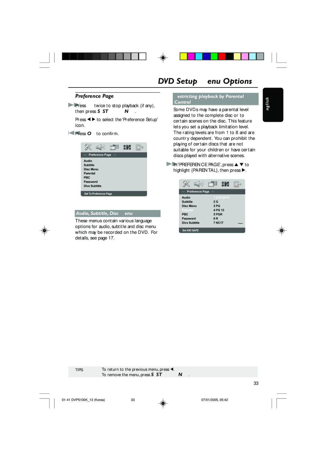 Philips DVP5100K/13 user manual Preference, Audio, Subtitle, Disc Menu, Restricting playback by Parental Control 