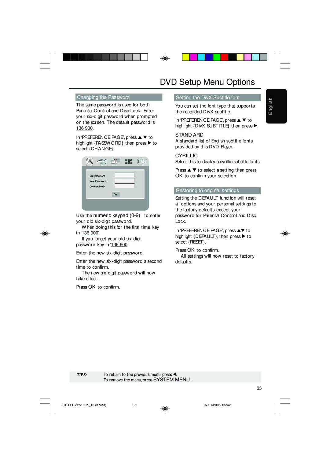 Philips DVP5100K/13 Changing the Password Setting the DivX Subtitle font, Cyrillic, Restoring to original settings 