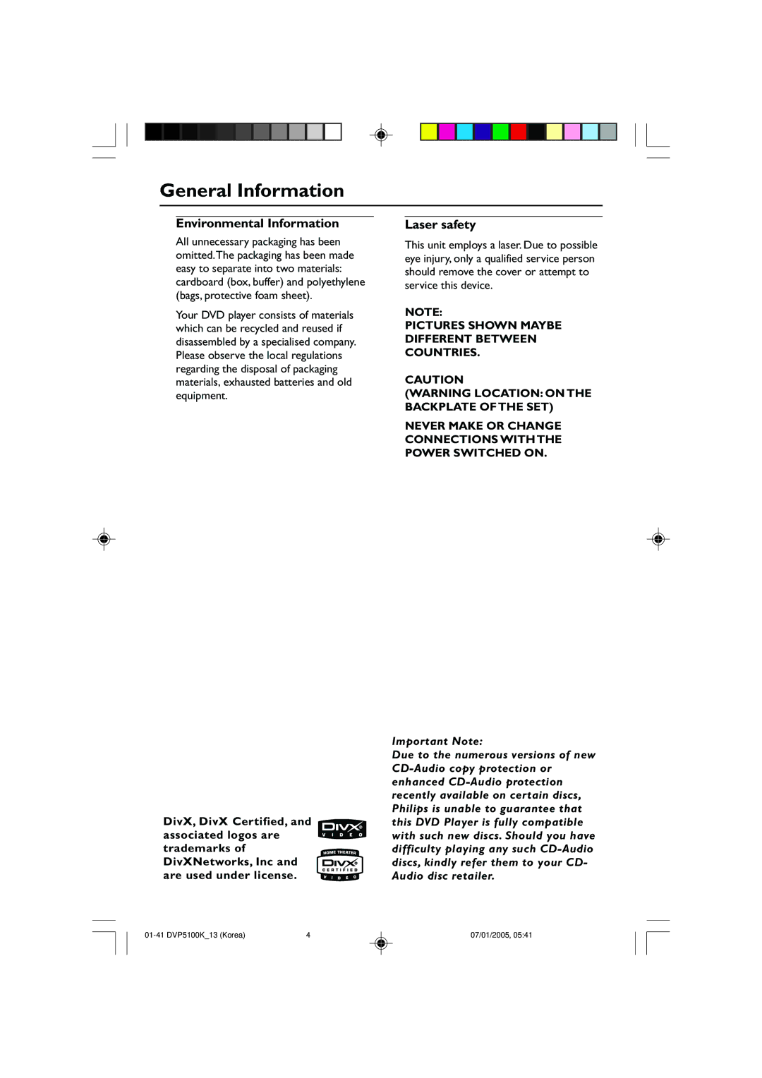 Philips DVP5100K/13 user manual General Information, Environmental Information, Laser safety 