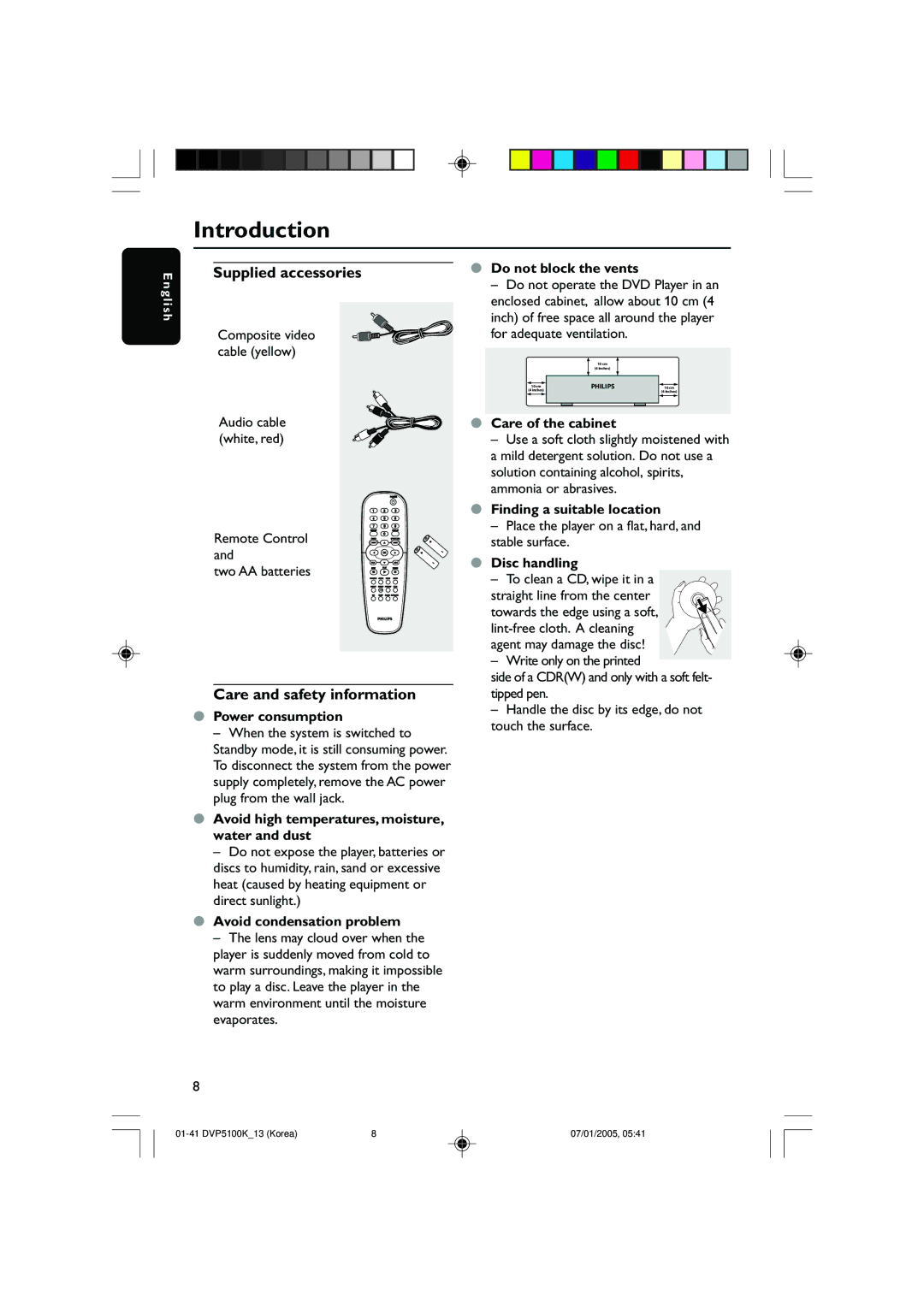 Philips DVP5100K/13 user manual Introduction, Supplied accessories, Care and safety information 