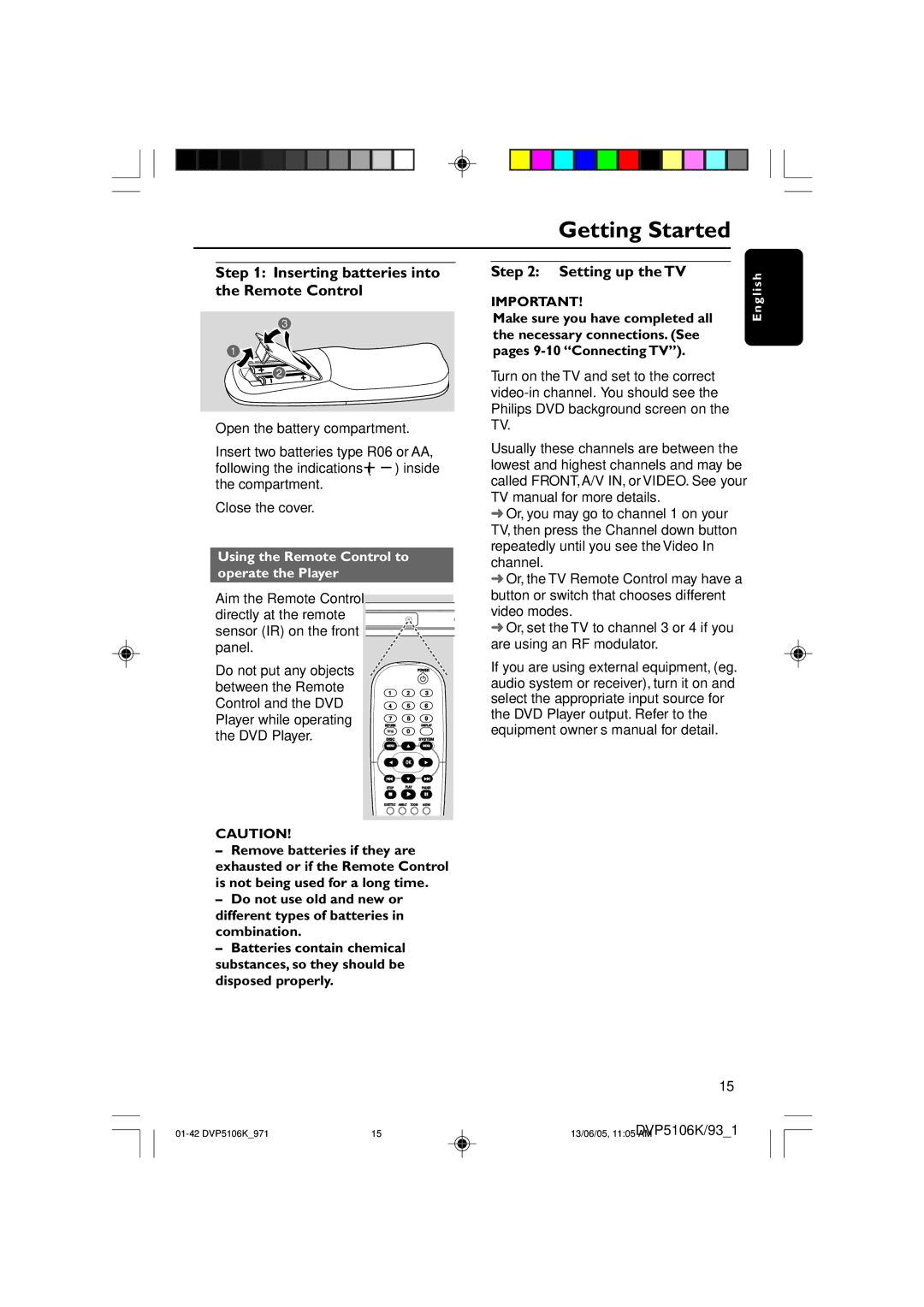 Philips DVP5106K/97 user manual Getting Started, Inserting batteries into the Remote Control, Setting up the TV 