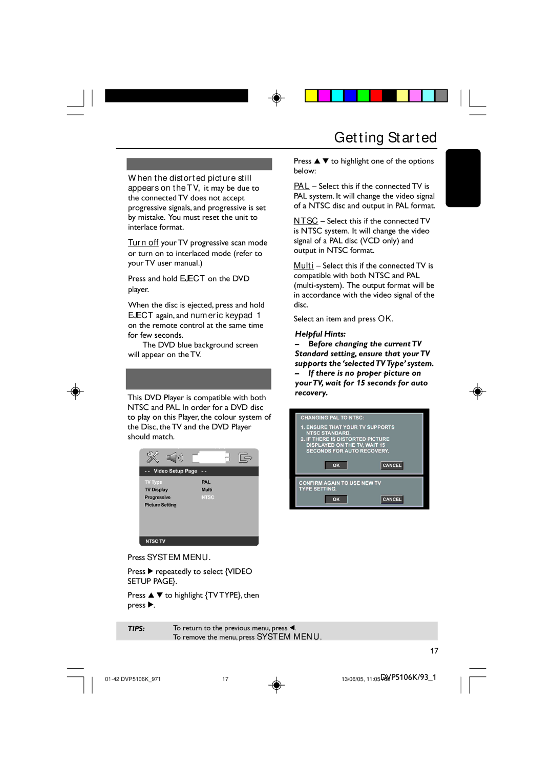 Philips DVP5106K/97 user manual Press 3 4 to highlight one of the options below, Helpful Hints 