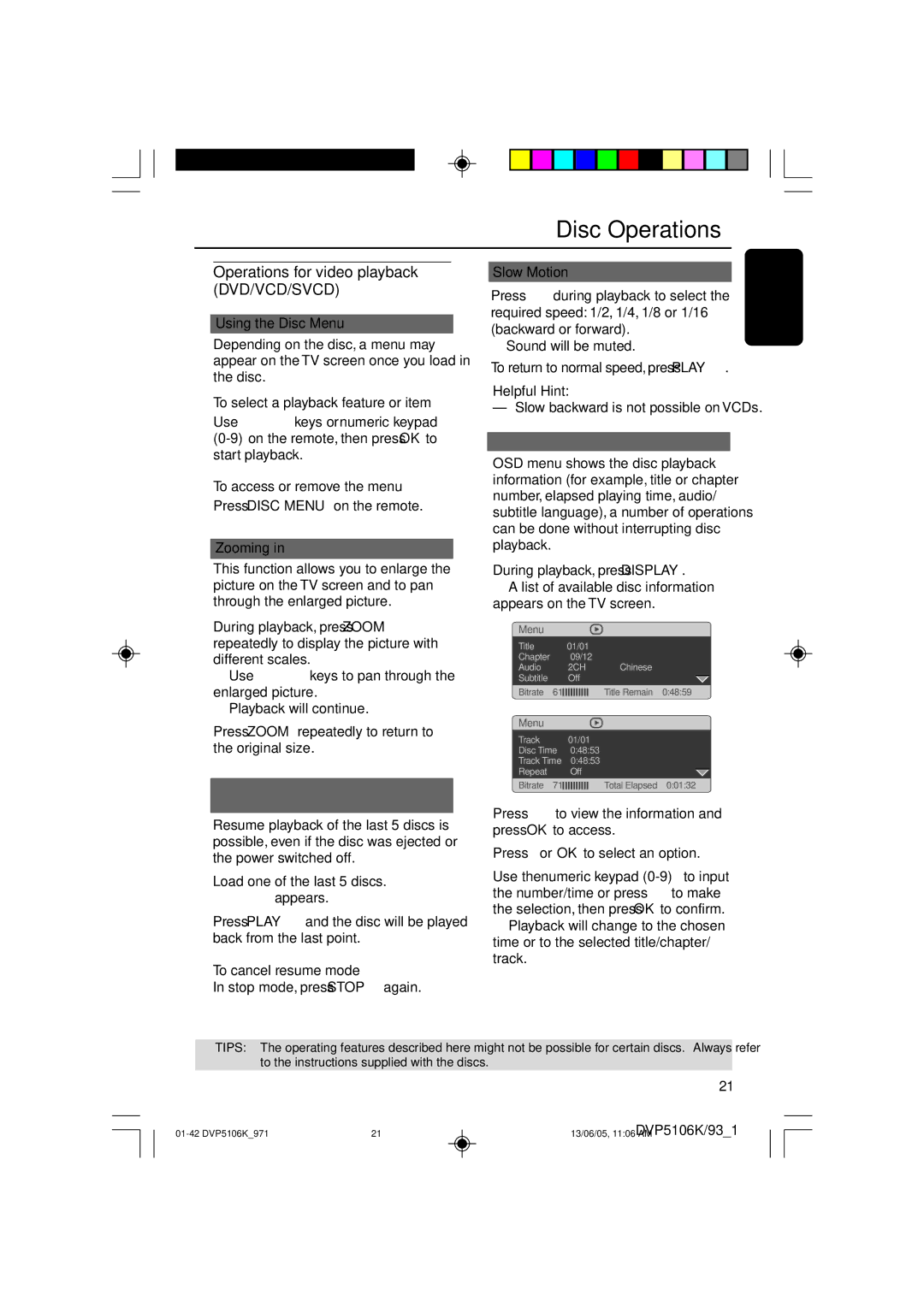 Philips DVP5106K/97 user manual Operations for video playback DVD/VCD/SVCD 