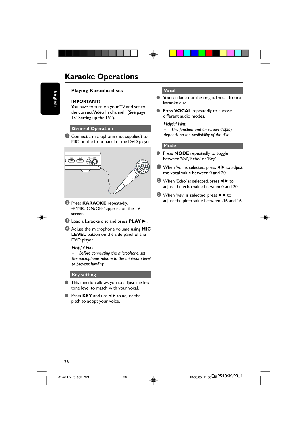 Philips DVP5106K/97 user manual Karaoke Operations, Playing Karaoke discs, Vocal, Mode, Key setting 