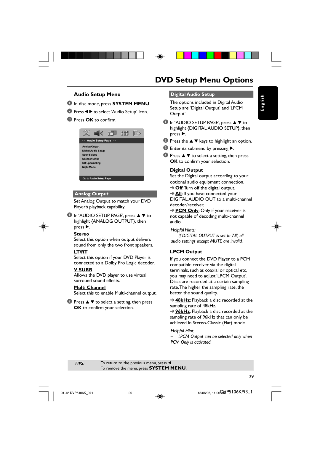 Philips DVP5106K/97 user manual Audio Setup Menu, Analog Output, Lt/Rt, Surr, Digital Audio Setup 