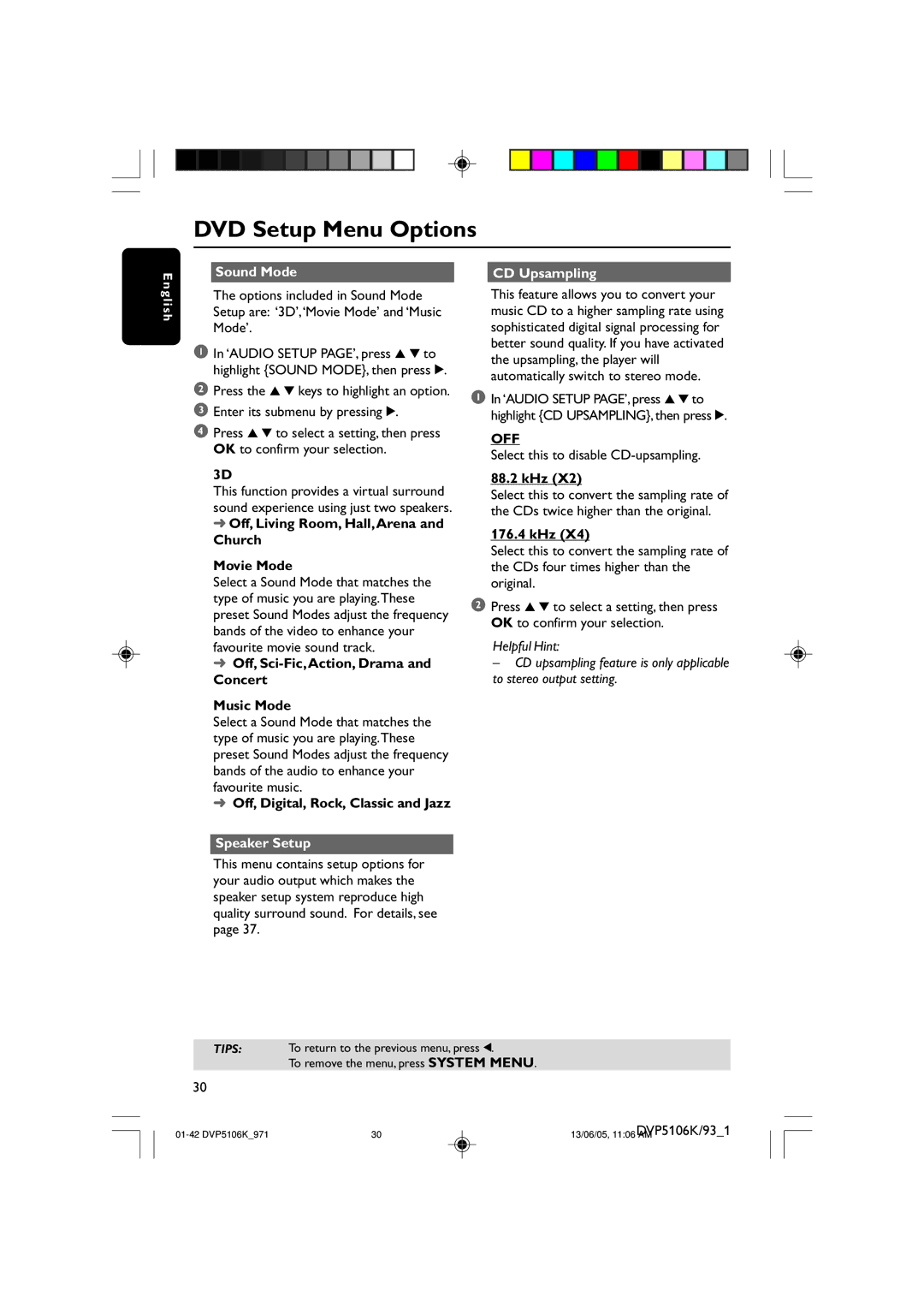 Philips DVP5106K/97 user manual Sound Mode CD Upsampling, Speaker Setup 