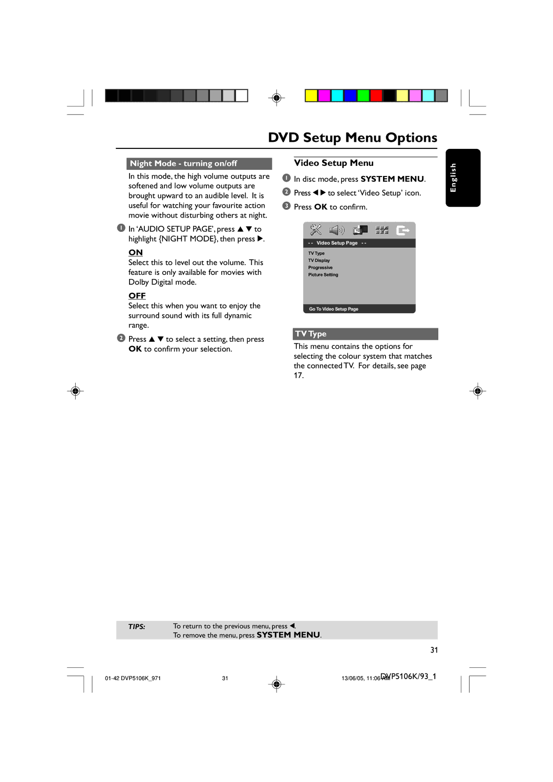 Philips DVP5106K/97 user manual Video Setup Menu, Night Mode turning on/off, TV Type 