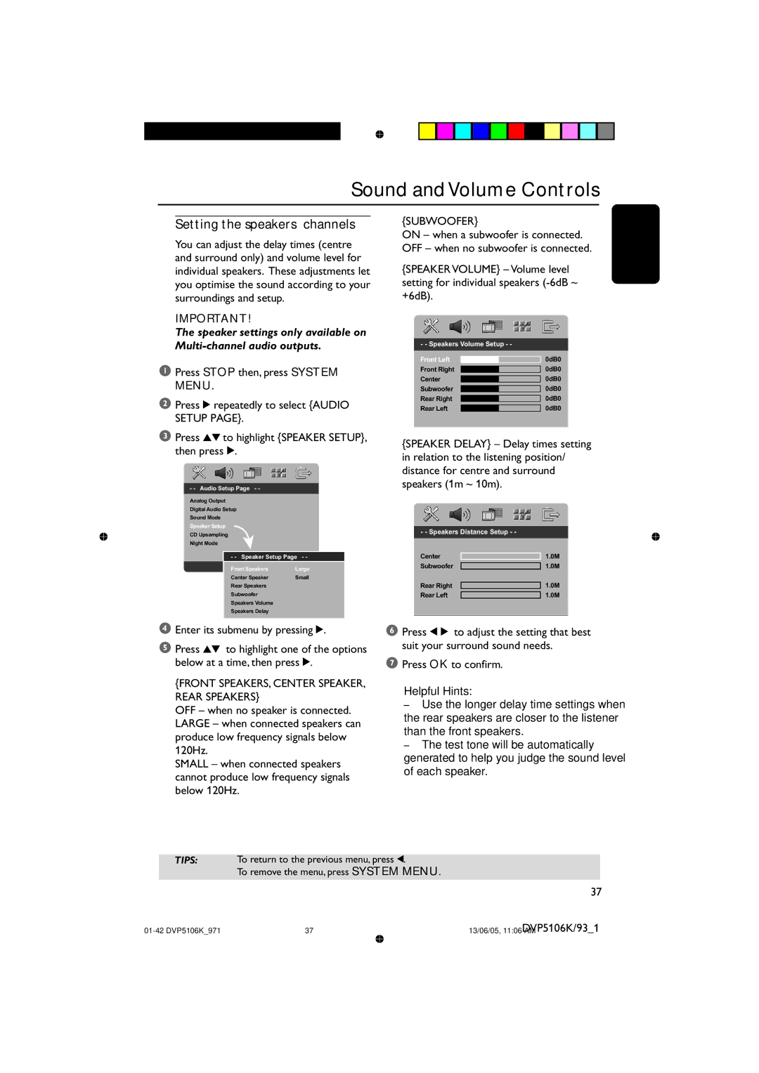 Philips DVP5106K/97 user manual Sound and Volume Controls, Setting the speakers’ channels 