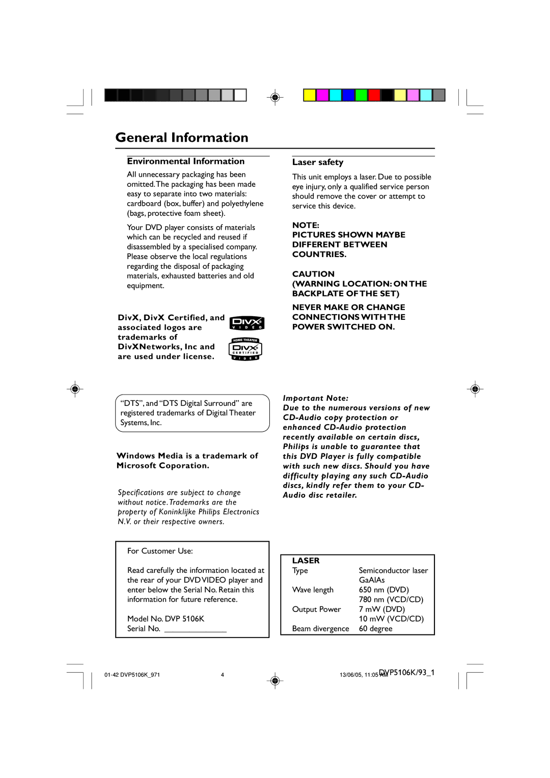 Philips DVP5106K/97 user manual General Information, Environmental Information, Laser safety 