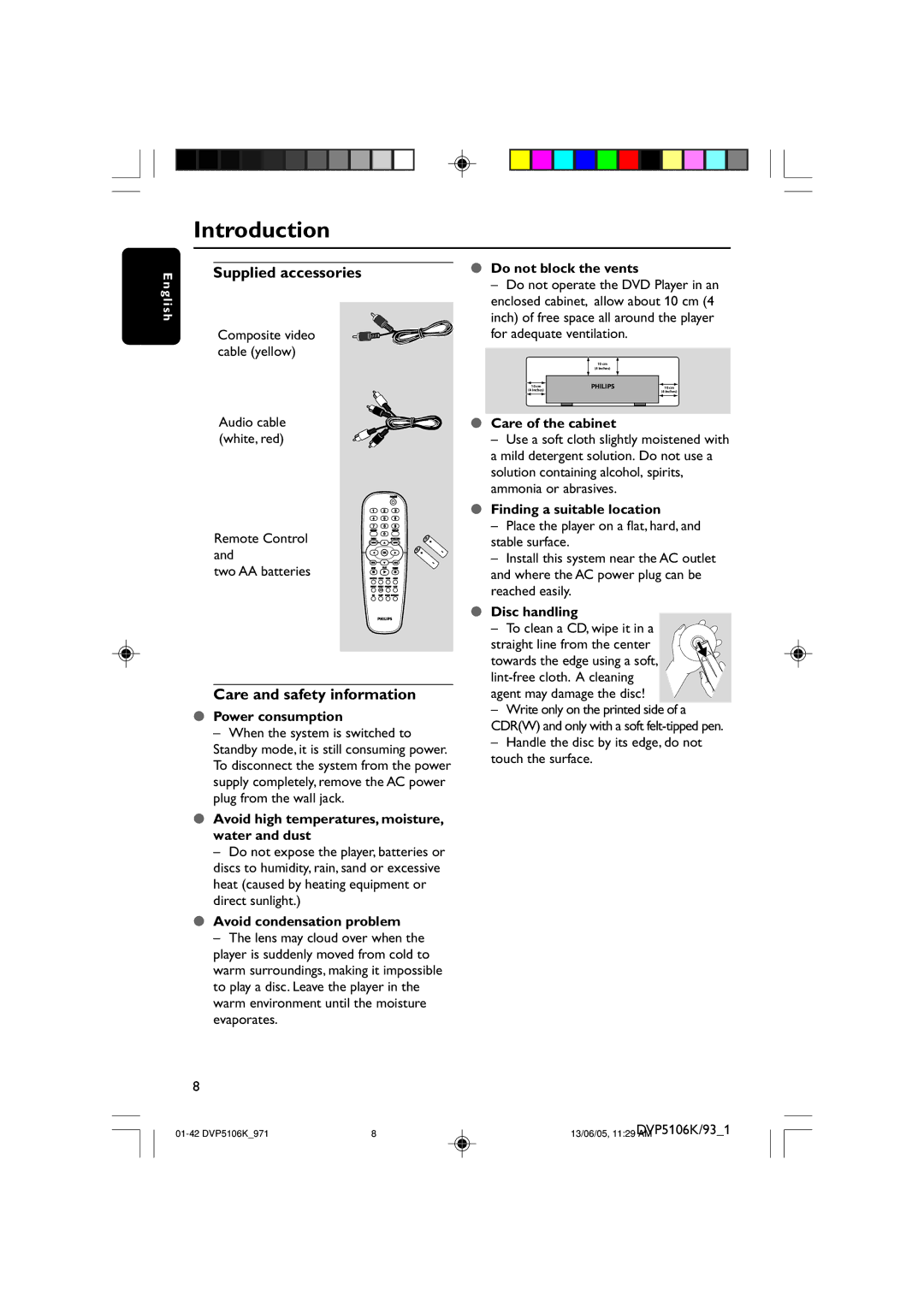 Philips DVP5106K/97 user manual Introduction, Supplied accessories, Care and safety information 