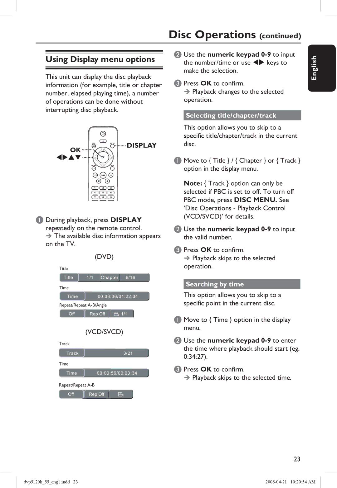 Philips DVP5120K/55 manual Using Display menu options, Selecting title/chapter/track, Searching by time 