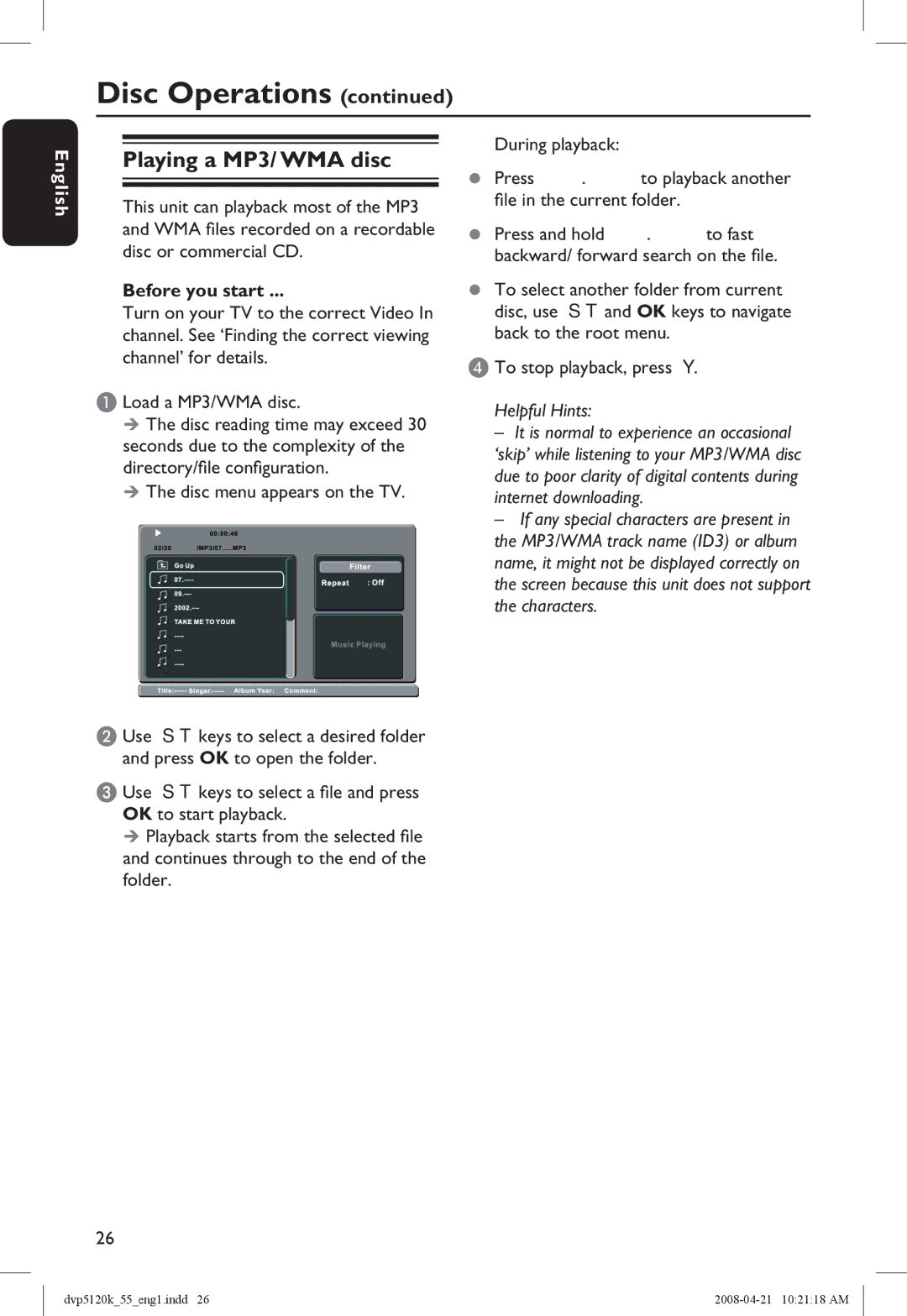 Philips DVP5120K/55 manual Playing a MP3/ WMA disc,  The disc menu appears on the TV, To stop playback, press 