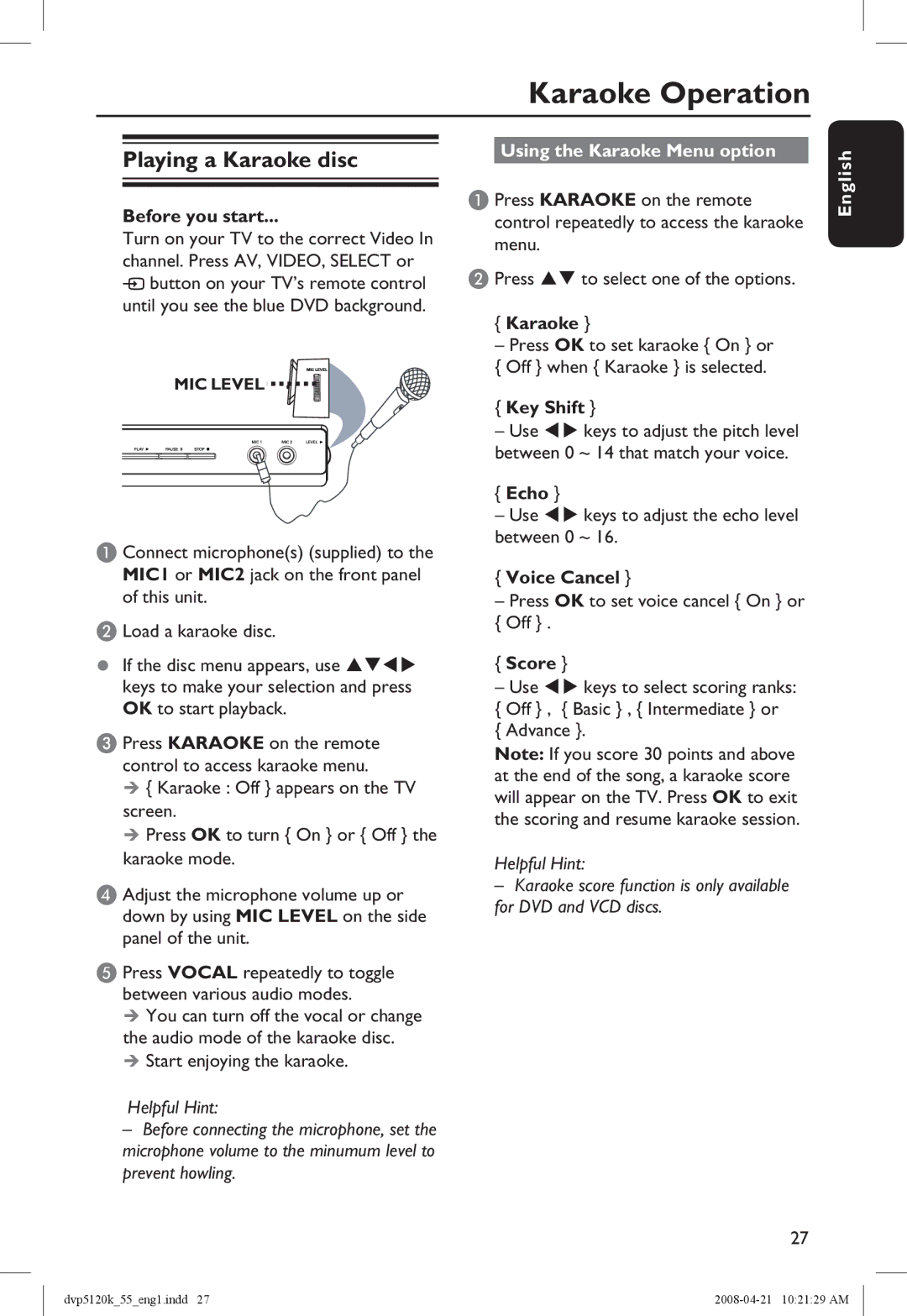 Philips DVP5120K/55 manual Karaoke Operation, Playing a Karaoke disc, Using the Karaoke Menu option 