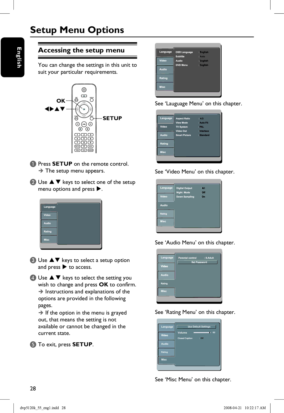 Philips DVP5120K/55 Setup Menu Options, Accessing the setup menu, To exit, press Setup, See ‘Misc Menu’ on this chapter 