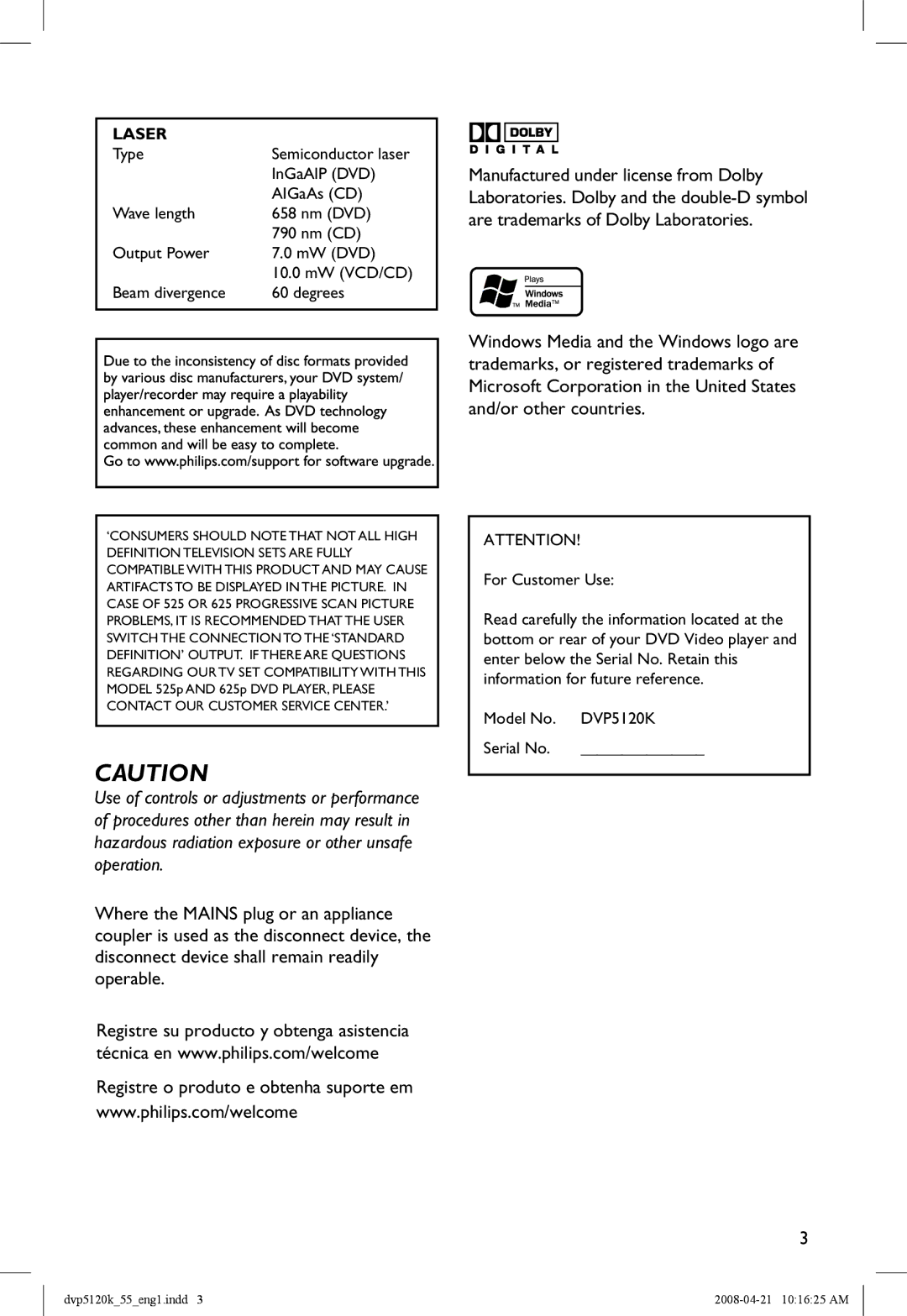 Philips DVP5120K/55 manual Laser 