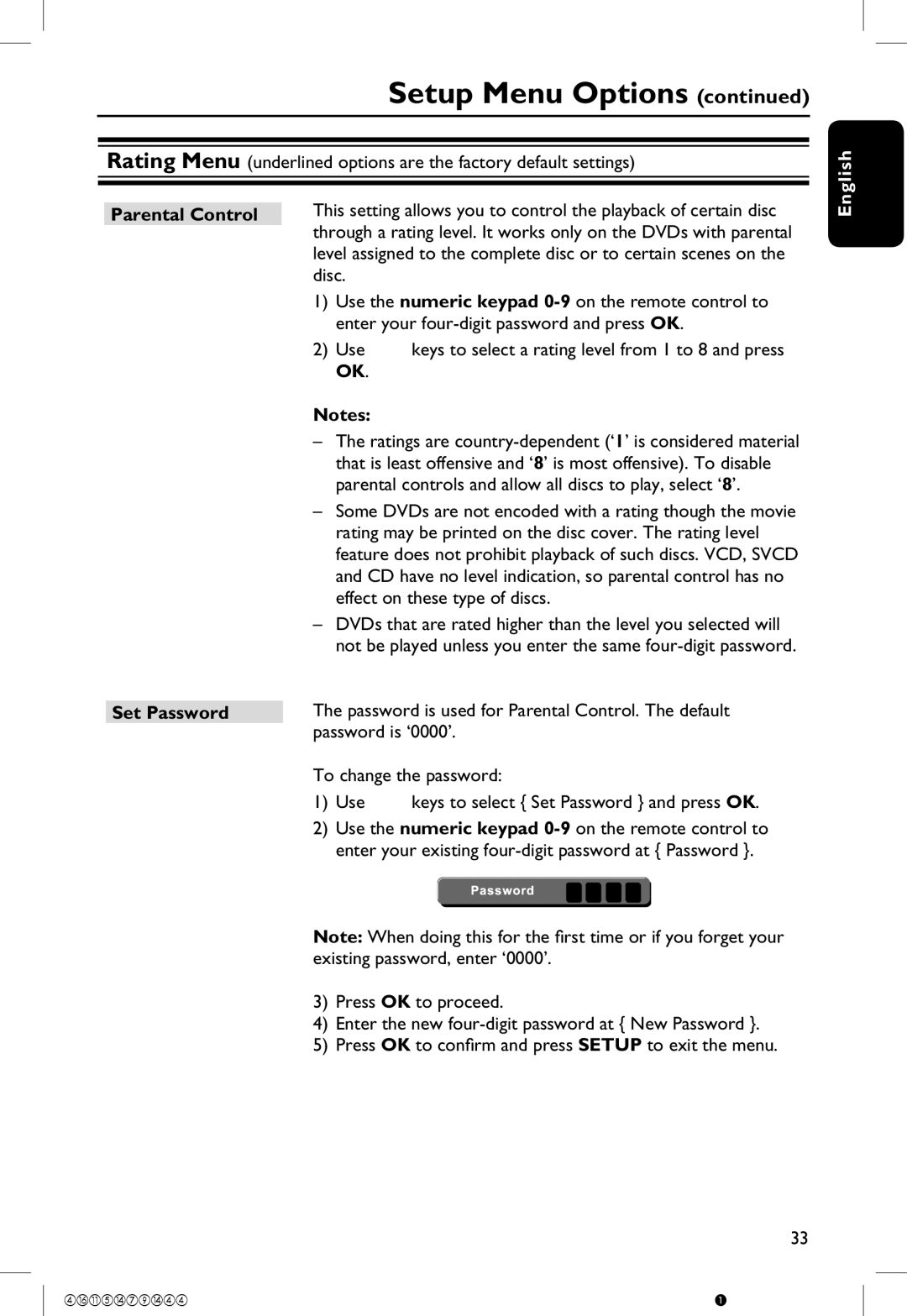 Philips DVP5120K/55 manual Parental Control Set Password 