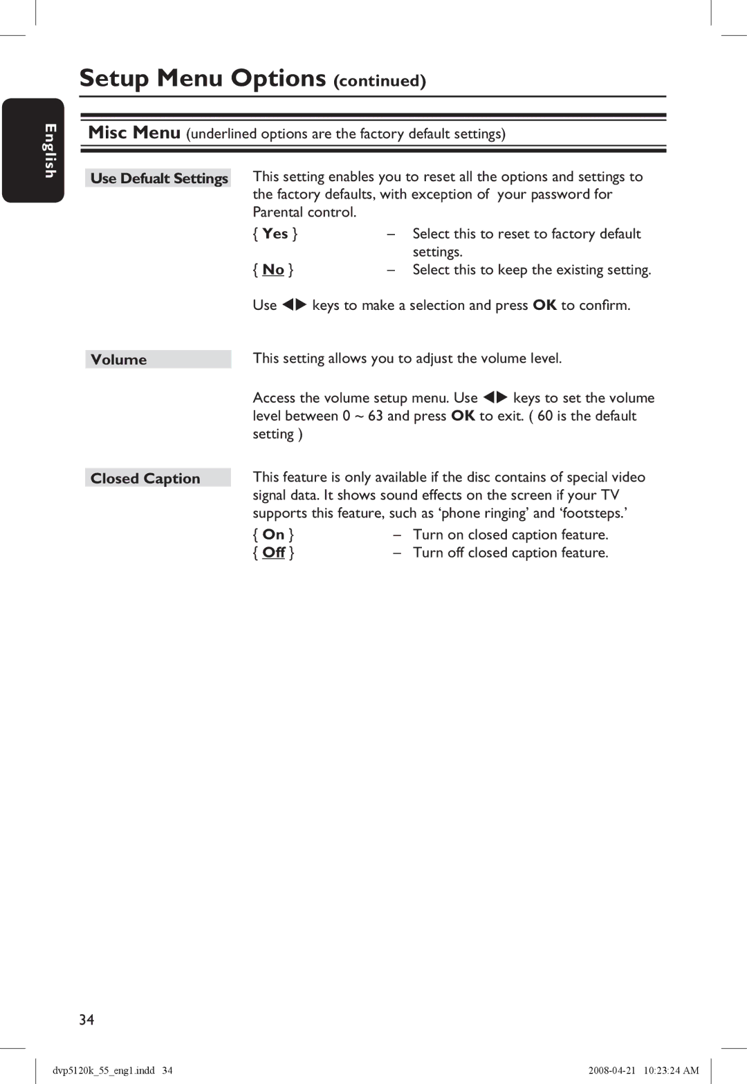 Philips DVP5120K/55 manual Yes, Volume, Closed Caption 