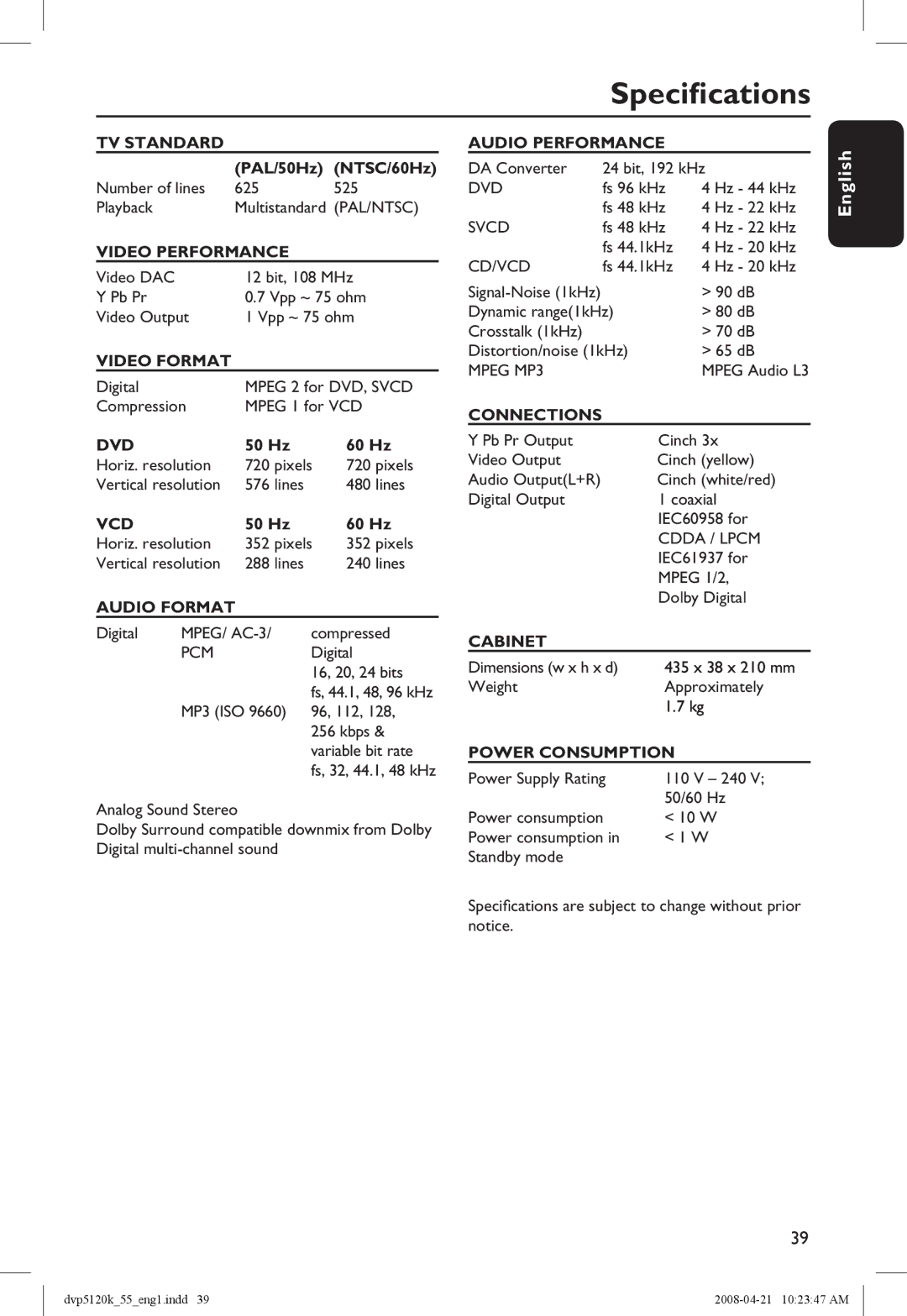 Philips DVP5120K/55 manual Specifications, Audio Format 