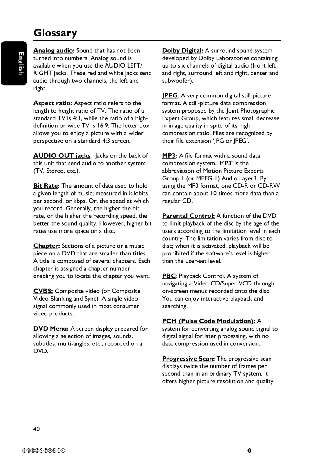 Philips DVP5120K/55 manual Glossary 