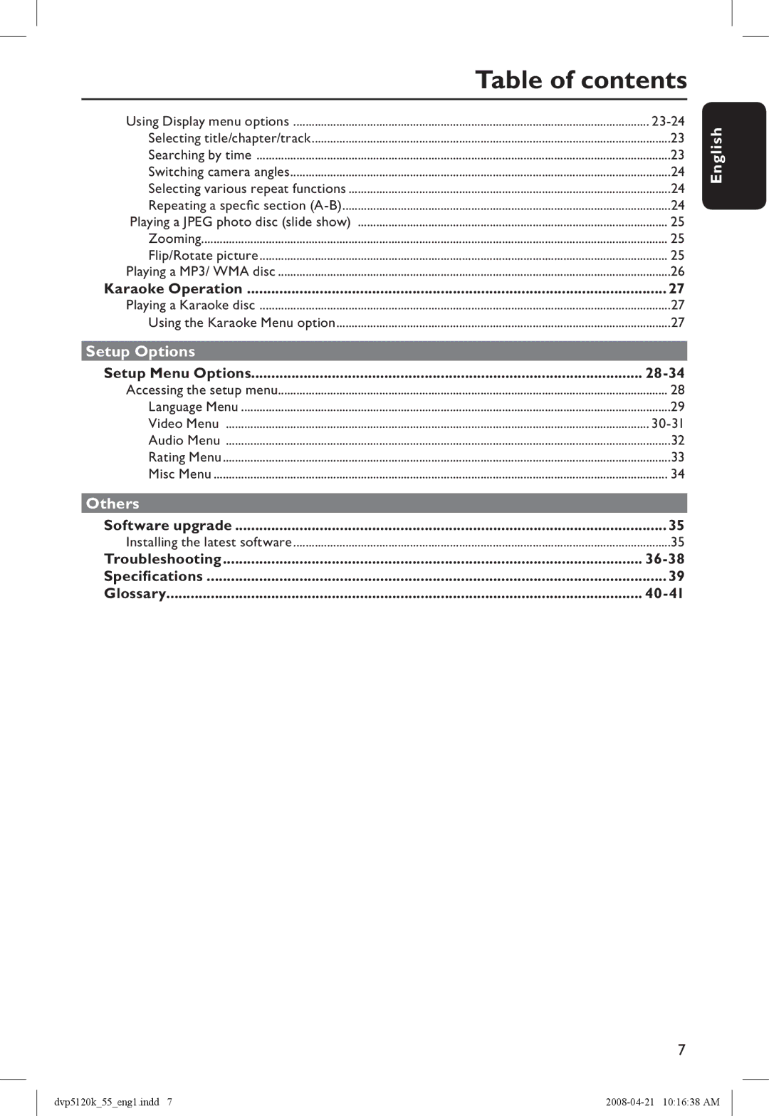 Philips DVP5120K/55 manual Table of contents 